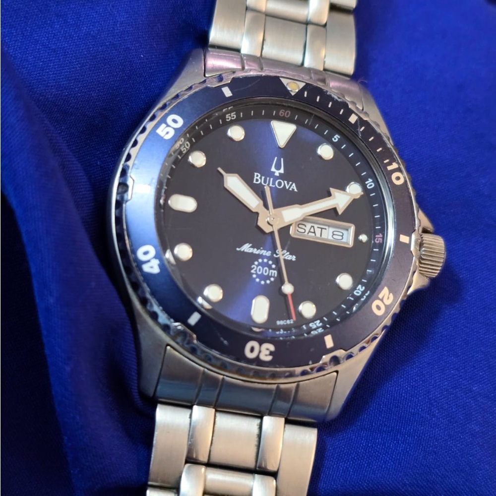 Bulova Marine Star 42mm Midnight Blue Dial Day Date Mens Divers Watch
